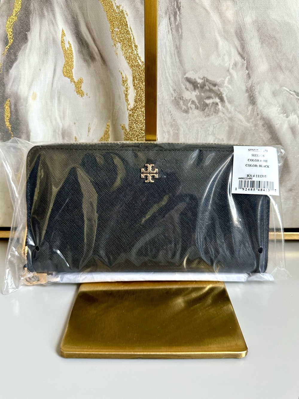 NWT Tory Burch Black Saffiano Zip-Around Wallet with Gold Logo
